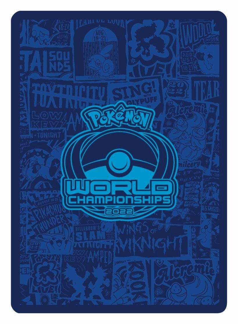 Blå kortbakside med World Championships 2022-logo, slik replikakortene i kortstokken ser ut bak