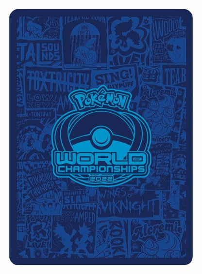 Blå kortbakside med World Championships 2022-logo, slik replikakortene i kortstokken ser ut bak