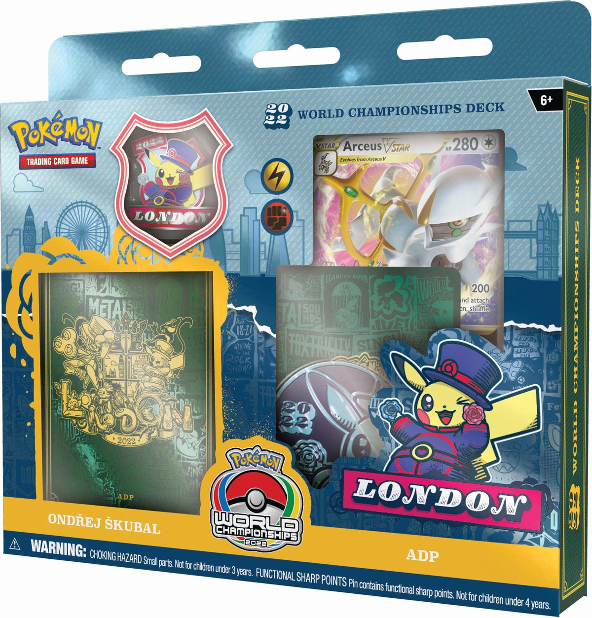 Arceus VSTAR og London-Pikachu på Ondřej Škubals World Championships Deck 2022, esken sett skrått fra høyre