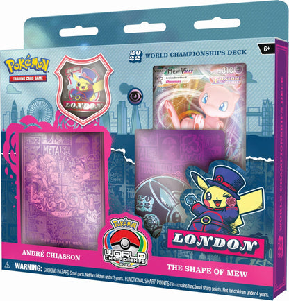 Mew VMAX og London-Pikachu på André Chiassons World Championships Deck 2022, esken sett skrått fra høyre