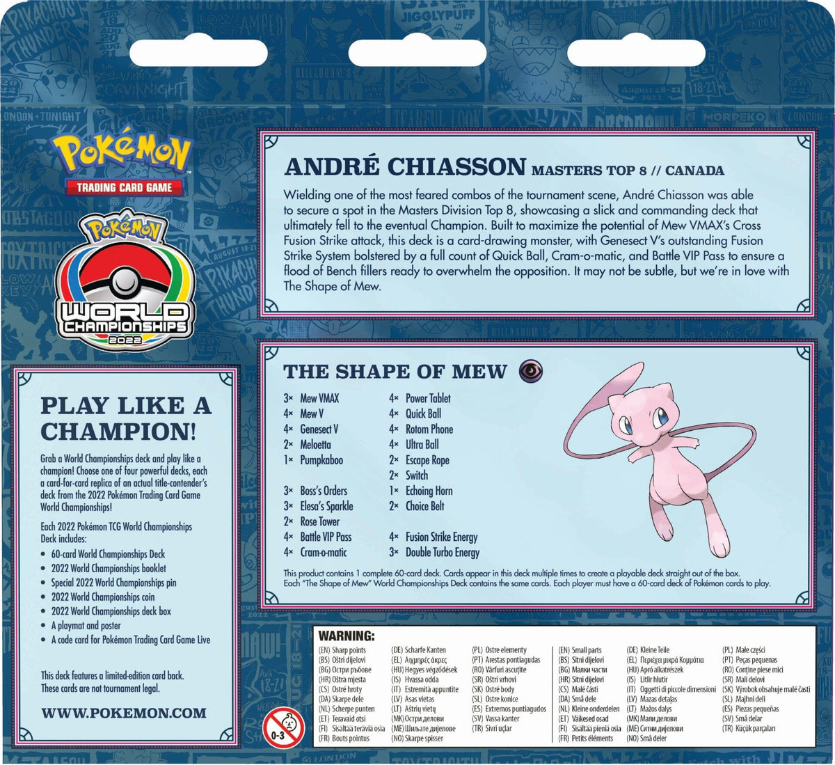 Baksiden av esken med André Chiassons historie og kortlisten til The Shape of Mew