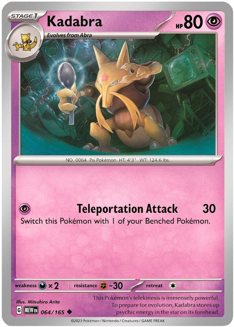 Kadabra foilkort 064/165 med Teleportation Attack, følger med i boksen