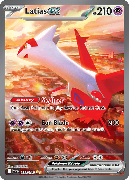 Latias ex Special Illustration Rare 239/191 – Latias som flyr over en by i rødt kveldslys