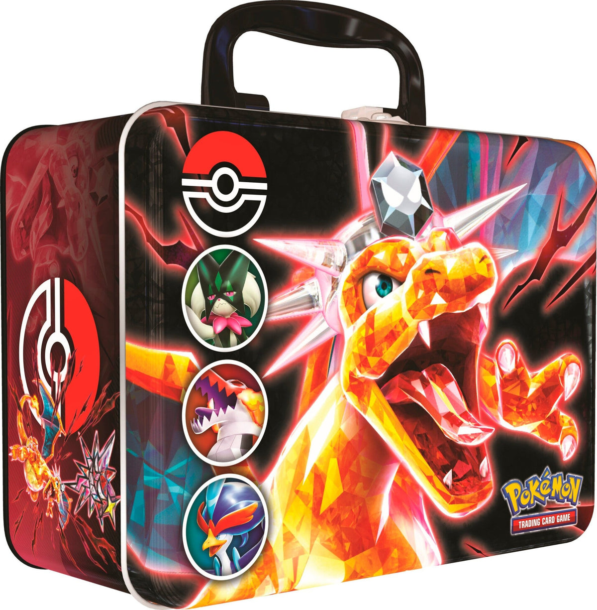 Tera-Charizard og Poke Ball på kortsiden, kisten sett skrått fra venstre med Meowscarada, Skeledirge og Quaquaval foran