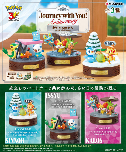 Re-ment Pokémon Journey with You! Anniversary: A New Journey Begins – utvalget på tre dioramaer (Sinnoh, Unova, Kalos); du får én tilfeldig