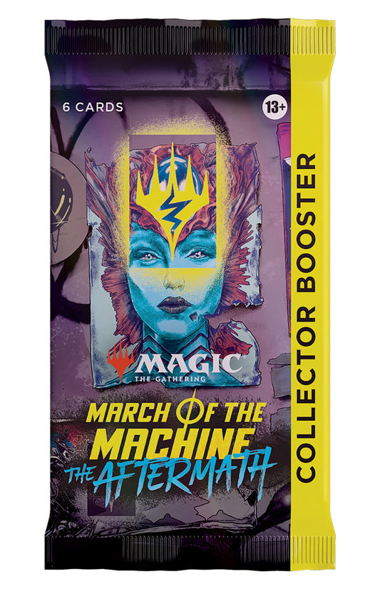 Collector booster pakke fra March of the Machine: The Aftermath med gul sidekant, 6 kort per pakke.