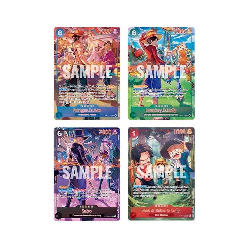 De fire character-kortene i settet, blant annet Ace & Sabo & Luffy
