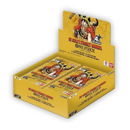 One Piece OP17 The World's Strongest Warriors booster box i skråvinkel, gult display med 24 pakker