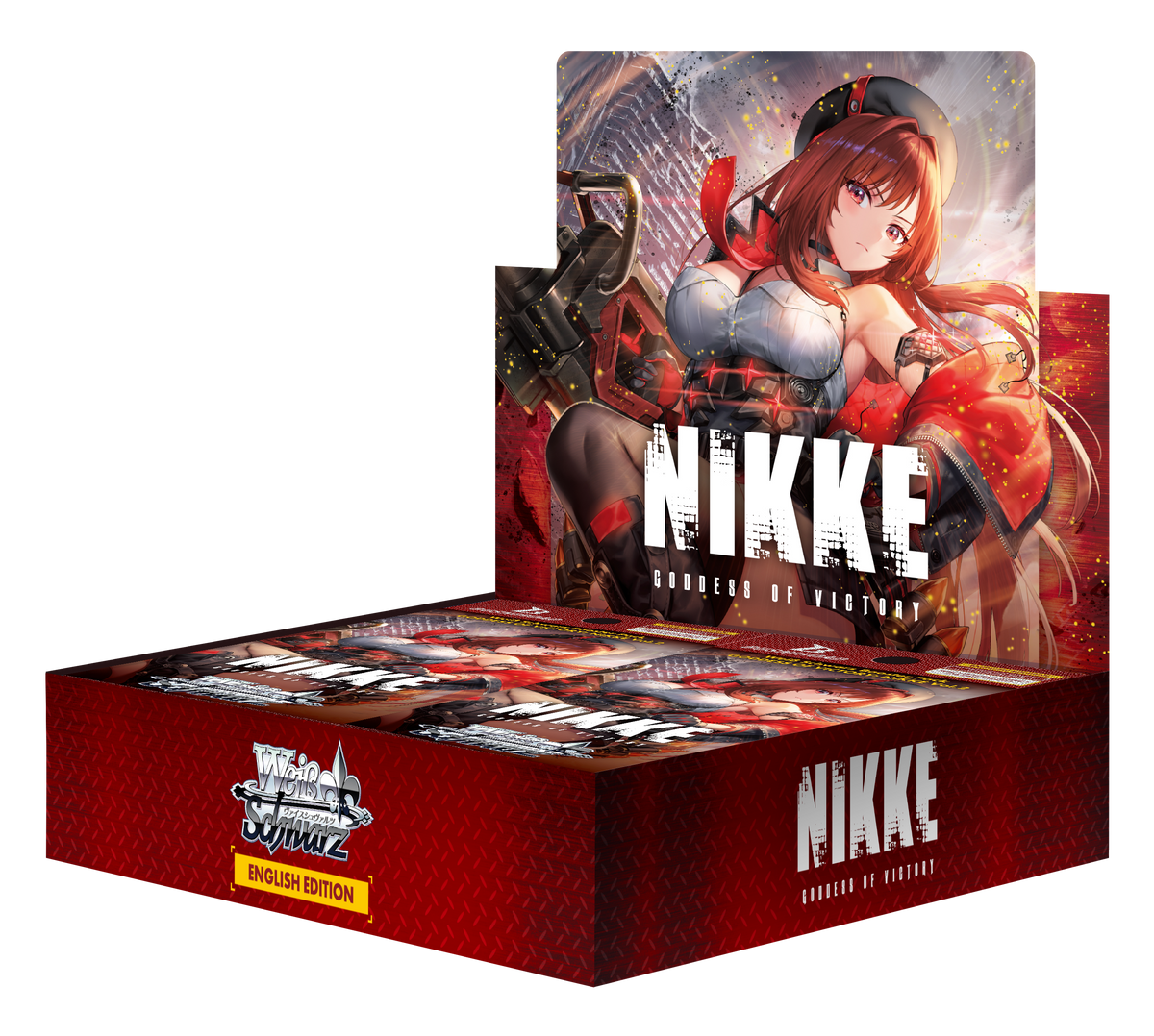 Weiss Schwarz Goddess of Victory: Nikke Vol.2 booster box, åpent rødt display med NIKKE-logo og en Nikke i rød jakke og svart beret