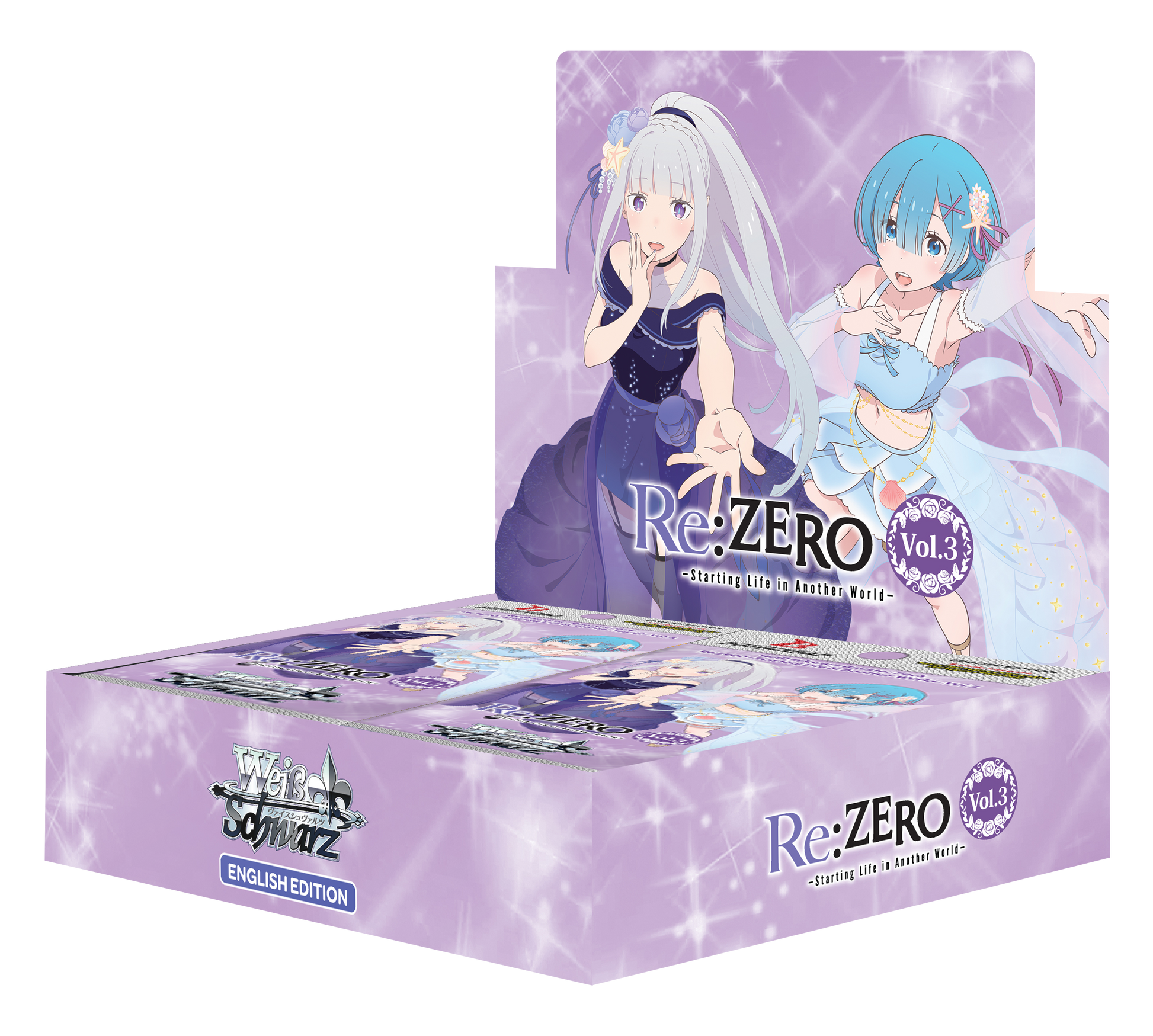 Weiss Schwarz Re:ZERO Vol.3 booster box – åpent lilla display med 12 pakker, og Emilia og Rem på toppkortet