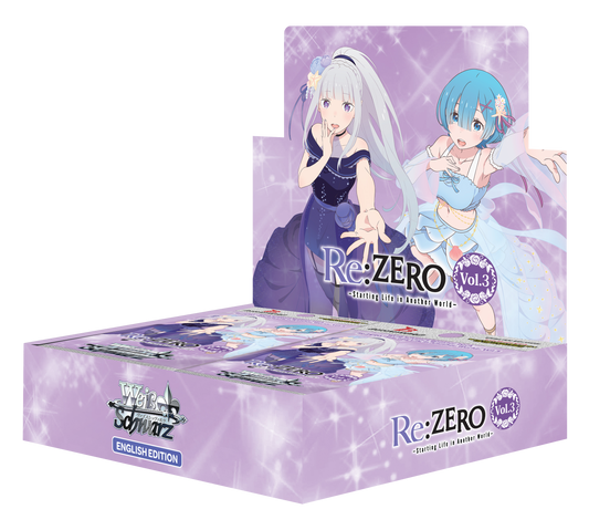 Weiss Schwarz Re:ZERO Vol.3 booster box – åpent lilla display med 12 pakker, og Emilia og Rem på toppkortet
