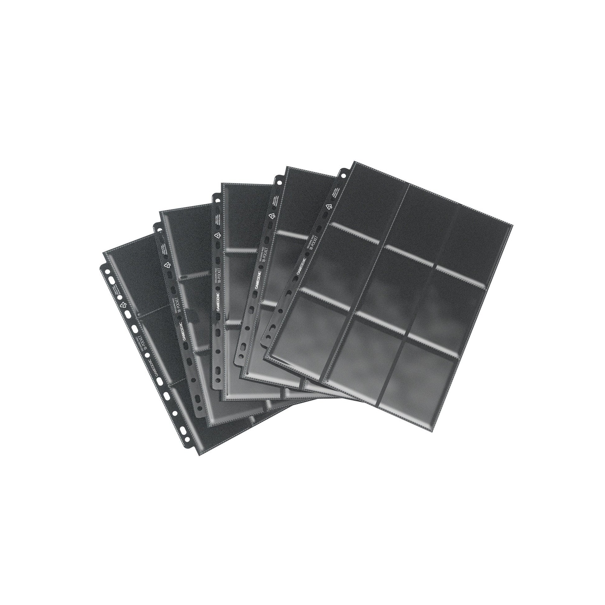 Gamegenic Sideloading 18-Pocket Pages i svart, flere ark vist vifteformet med 11-hulls rygg