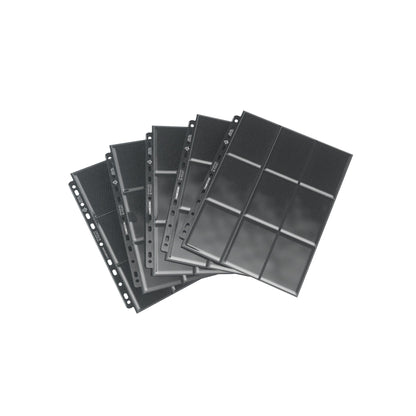 Gamegenic Sideloading 18-Pocket Pages i svart, flere ark vist vifteformet med 11-hulls rygg