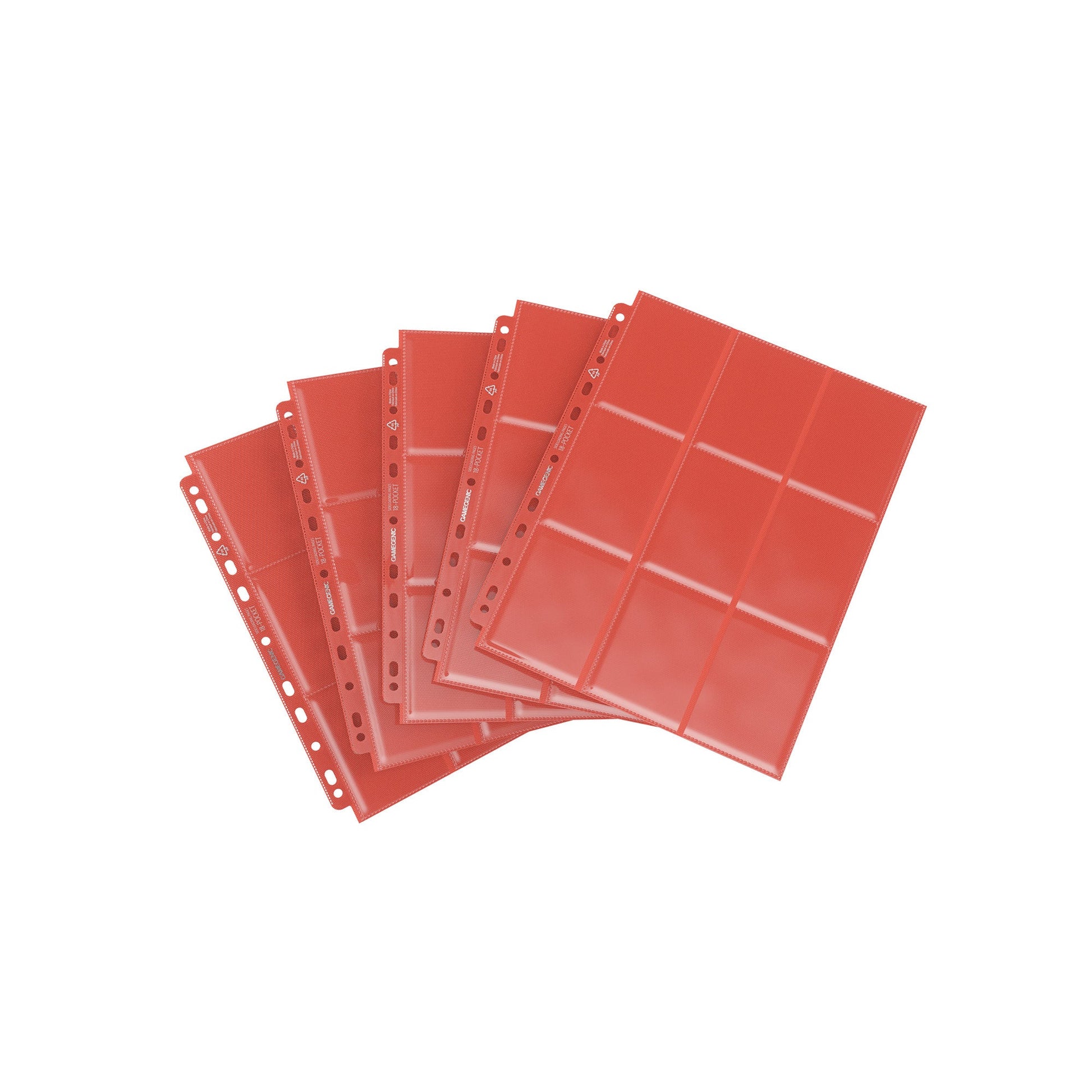Gamegenic Sideloading 18-Pocket Pages i rødt, flere ark vist vifteformet med 11-hulls rygg