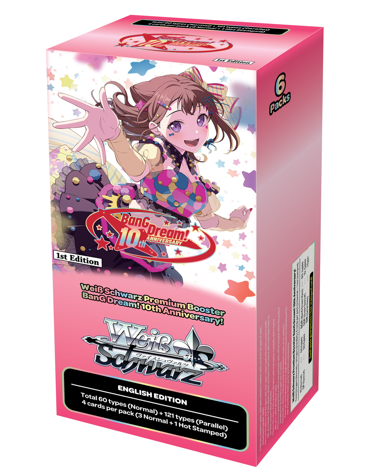 Weiss Schwarz BanG Dream! 10th Anniversary! Premium Booster Box (engelsk) – rosa eske med Kasumi fra Poppin'Party og jubileumslogo, 6 pakker