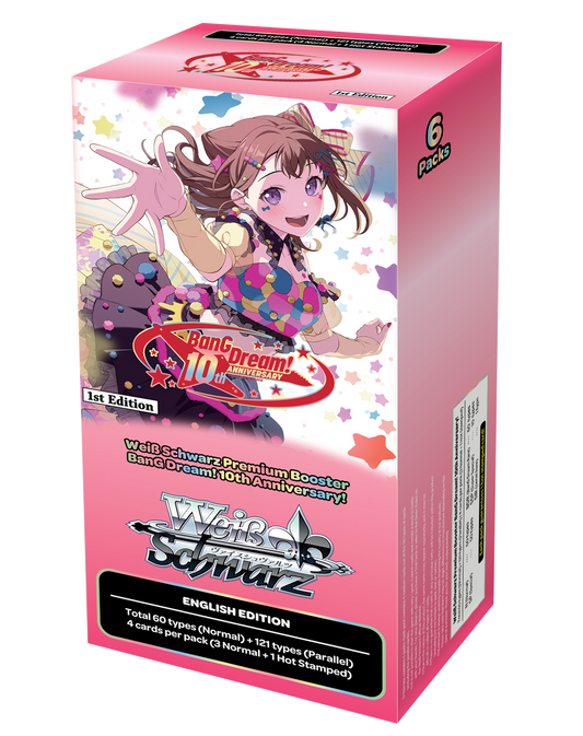 Weiss Schwarz BanG Dream! 10th Anniversary! Premium Booster Box (engelsk) – rosa eske med Kasumi fra Poppin'Party og jubileumslogo, 6 pakker