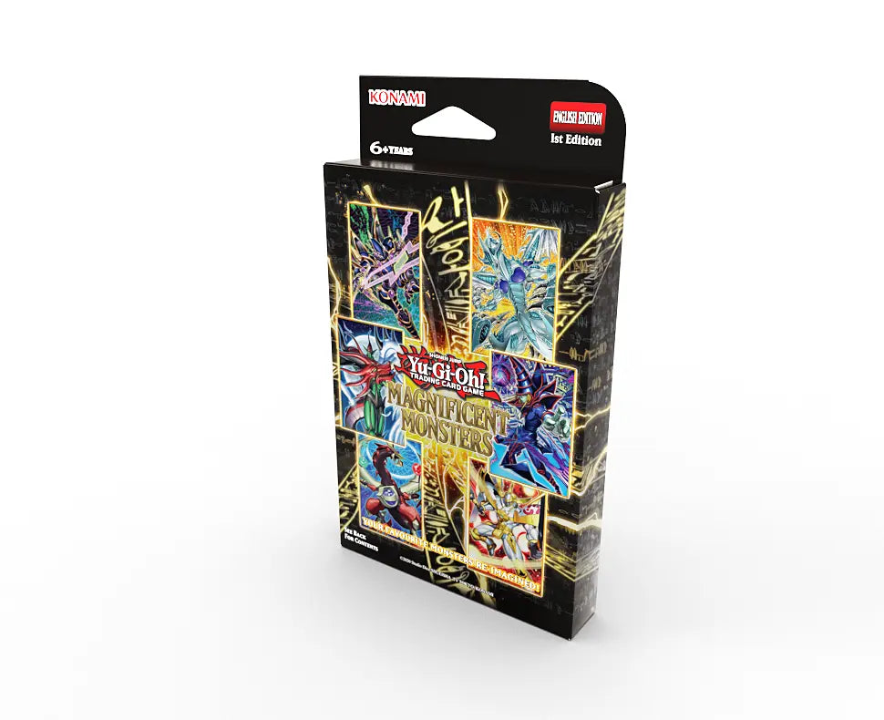 Yu-Gi-Oh! Magnificent Monsters Box sett fra siden, med opphengstapp og 1st Edition-merking øverst