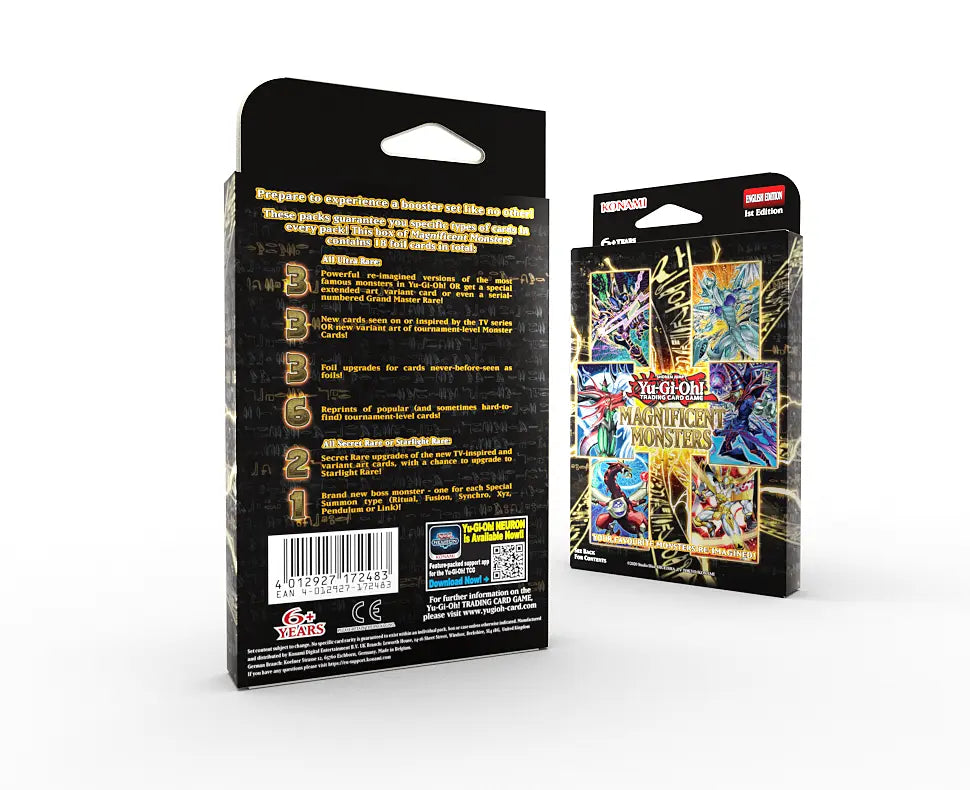 Baksiden av Yu-Gi-Oh! Magnificent Monsters Box med oversikt over de 18 foil-kortene, ved siden av forsiden