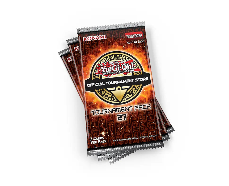 Yu-Gi-Oh! OTS Tournament Pack 27 booster pakker i stabel, oransje pakkedesign med Official Tournament Store-logo