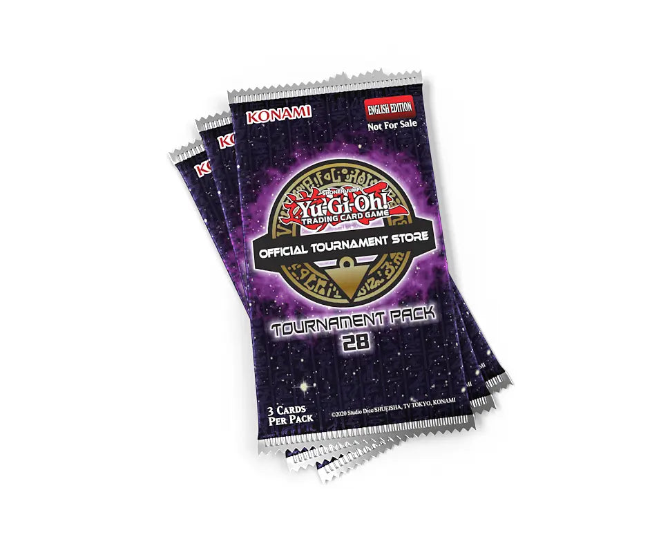 Yu-Gi-Oh! OTS Tournament Pack 28 booster pakker i stabel, lilla pakkedesign med Official Tournament Store-logo