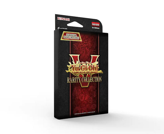 Yu-Gi-Oh! Rarity Collection 5 3-Pack Tuckbox forfra, rød og svart eske med gull-logo og 3 booster pakker inkludert