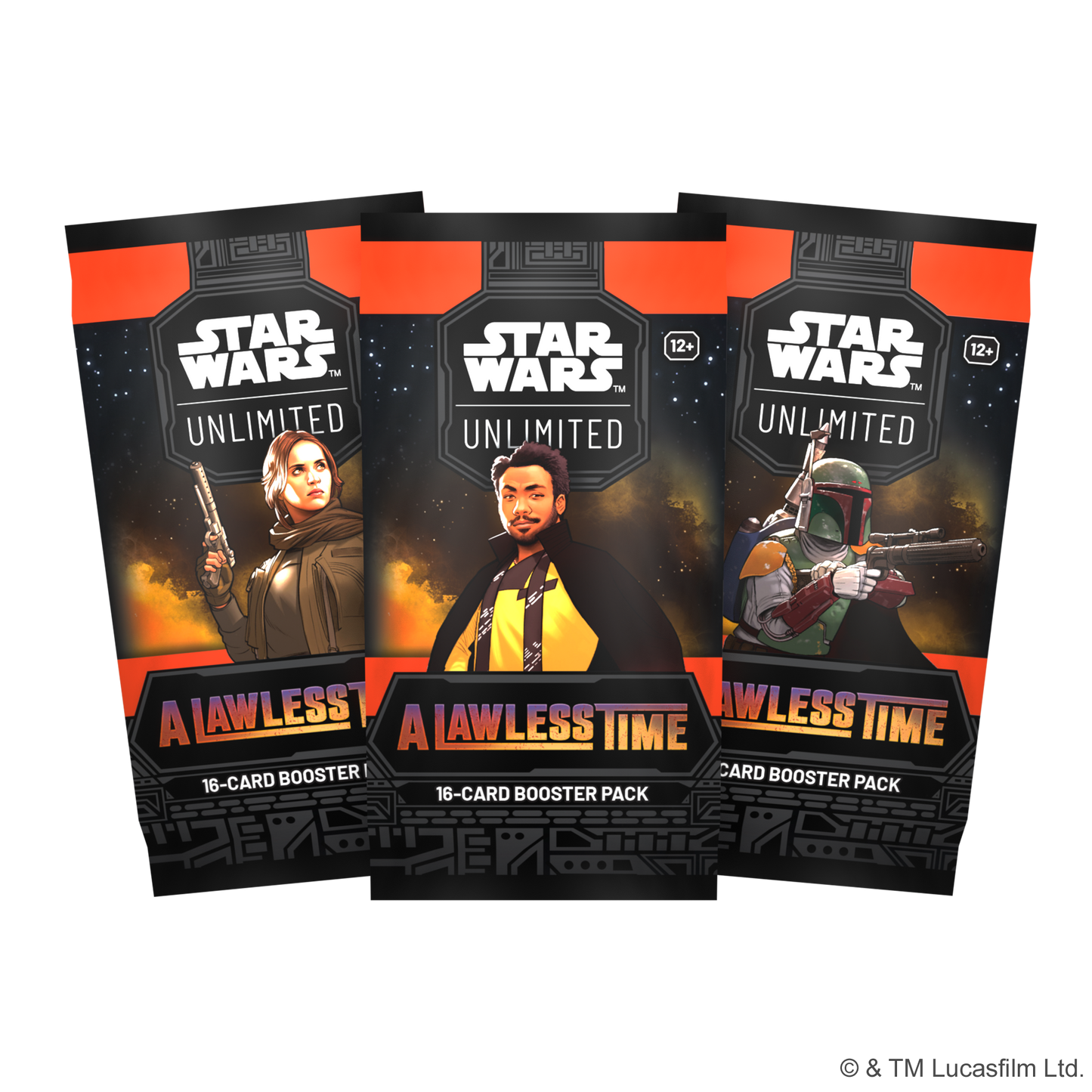 Tre A Lawless Time booster pakker, blant motivene er Lando Calrissian og Boba Fett