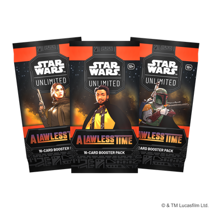 Tre A Lawless Time booster pakker, blant motivene er Lando Calrissian og Boba Fett