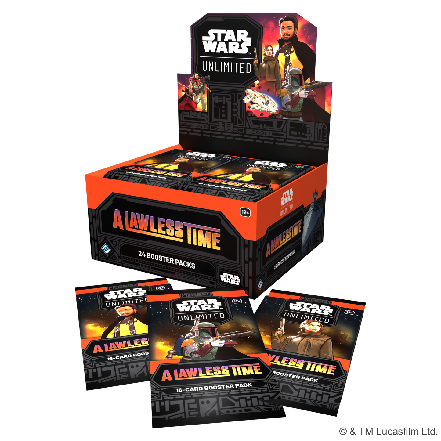 A Lawless Time booster display med tre booster pakker liggende foran
