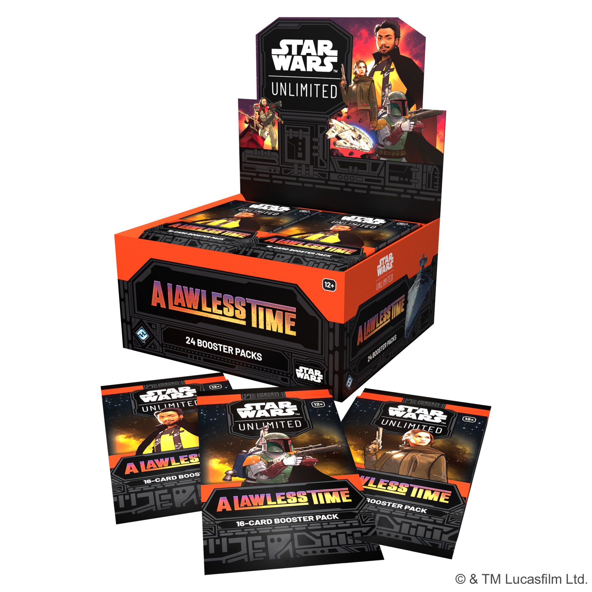 A Lawless Time booster display med tre booster pakker liggende foran