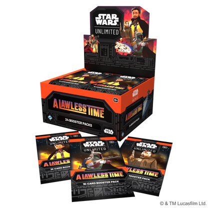 A Lawless Time booster display med tre booster pakker liggende foran