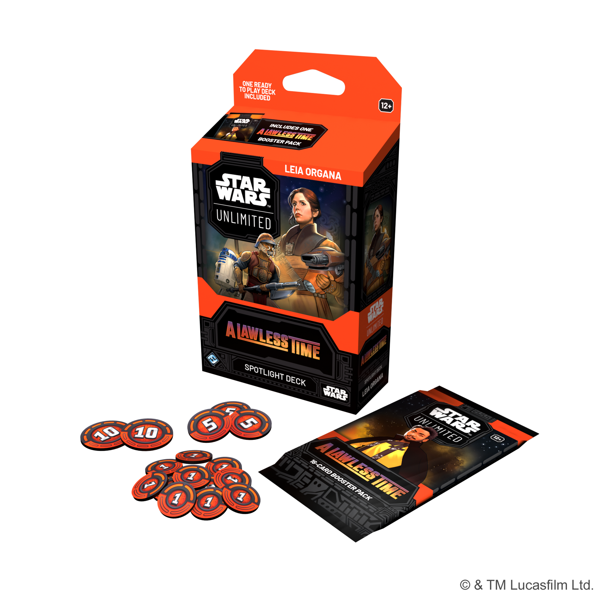 Leia Organa Spotlight Deck med damage counters og booster pakke