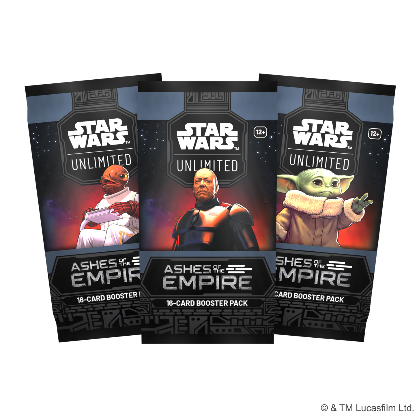 Tre Ashes of the Empire booster pakker med Admiral Ackbar, Moff Gideon og Grogu