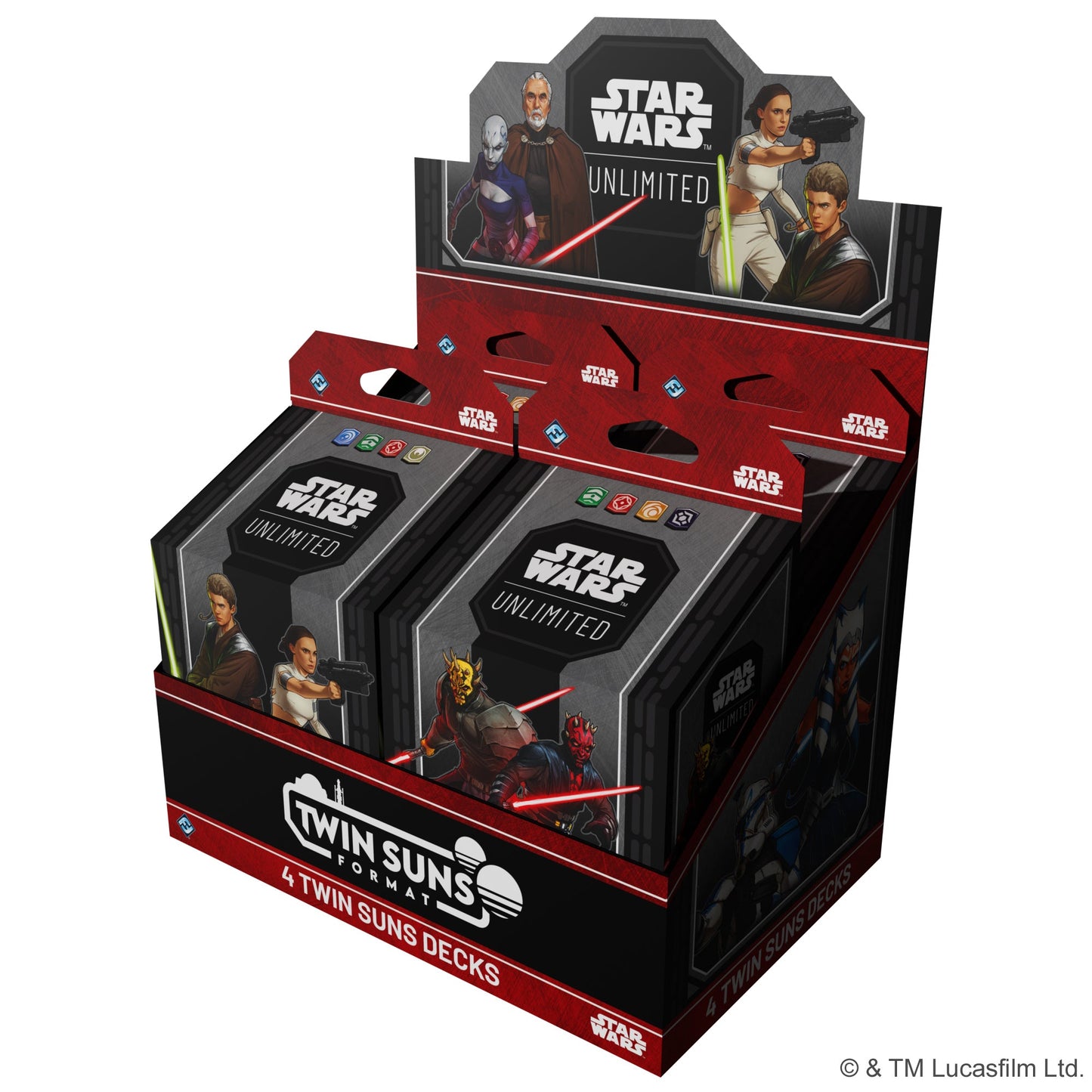 2026 Twin Suns Deck Display med alle fire spilleklare Twin Suns decks