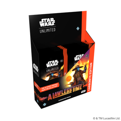 A Lawless Time Carbonite Booster Box – display med 12 premium booster pakker og Cad Bane på motivet