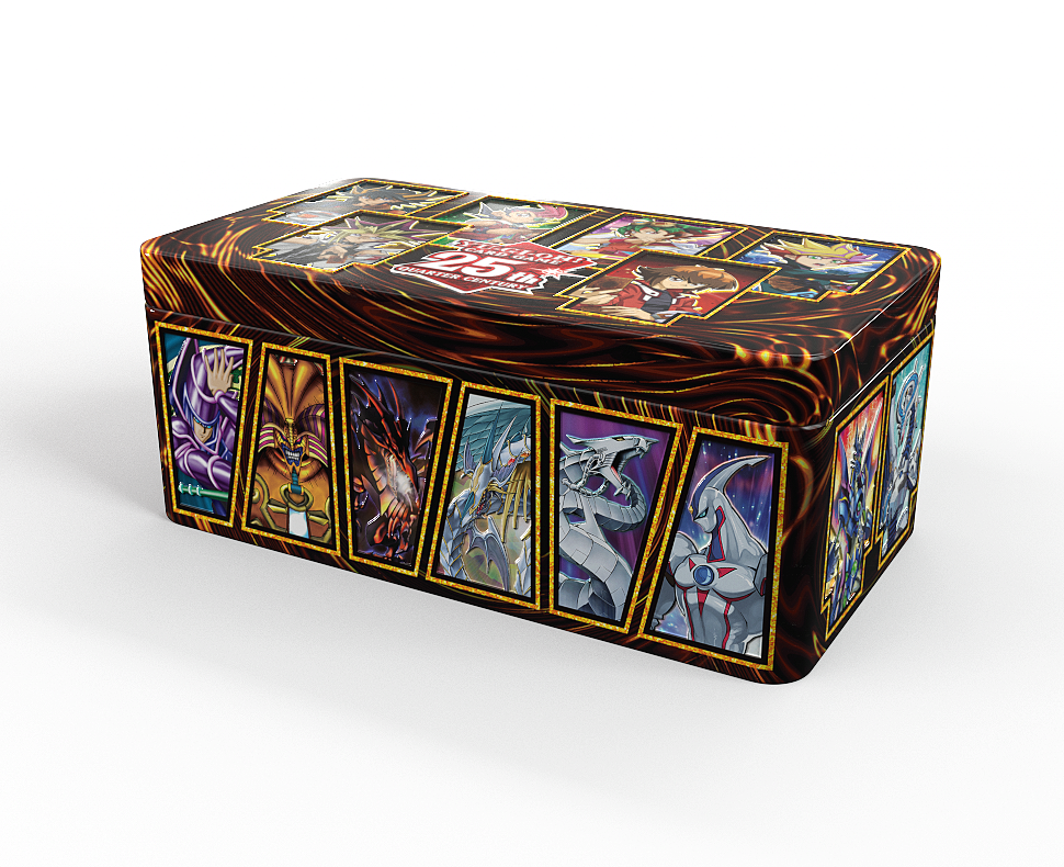 Yu-Gi-Oh 25th Anniversary Tin Dueling Heroes, bronsefarget tin med seriens helter på lokket og ikoniske monstre på sidene