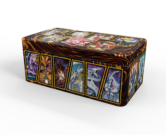 Yu-Gi-Oh 25th Anniversary Tin Dueling Heroes, bronsefarget tin med seriens helter på lokket og ikoniske monstre på sidene