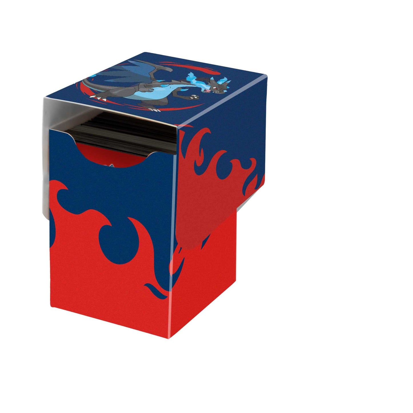 Ultra Pro Mega Charizard X deck box sett ovenfra med kort synlig i åpningen