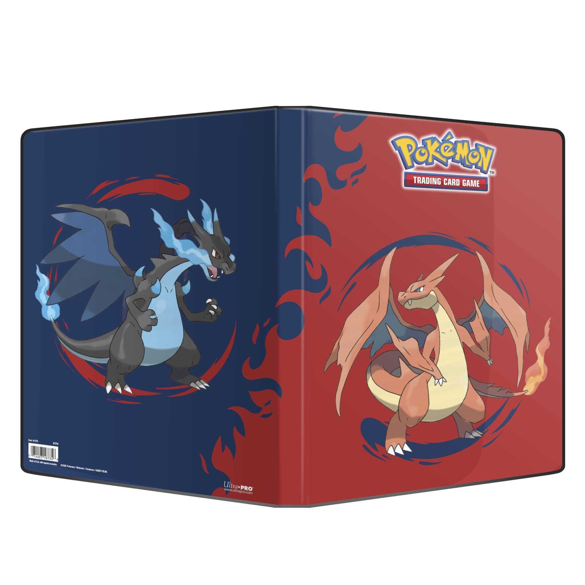 Portfolio åpnet flatt ut, viser både Mega Charizard X-siden og Mega Charizard Y-siden