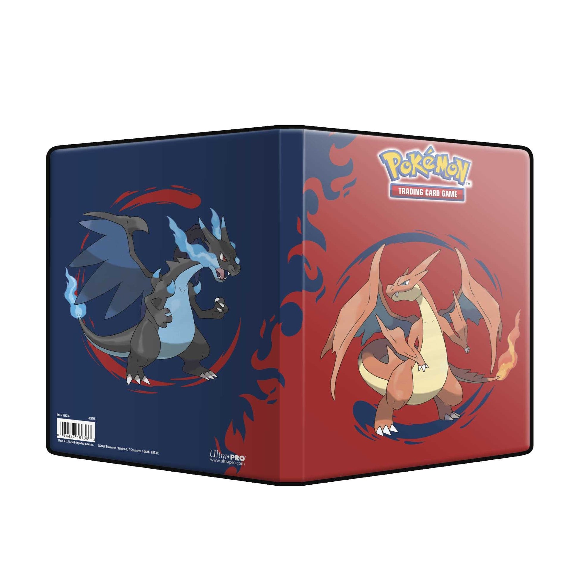 Ultra Pro 4-lommers portfolio åpnet flatt, med Mega Charizard X og Mega Charizard Y på hver sin perm