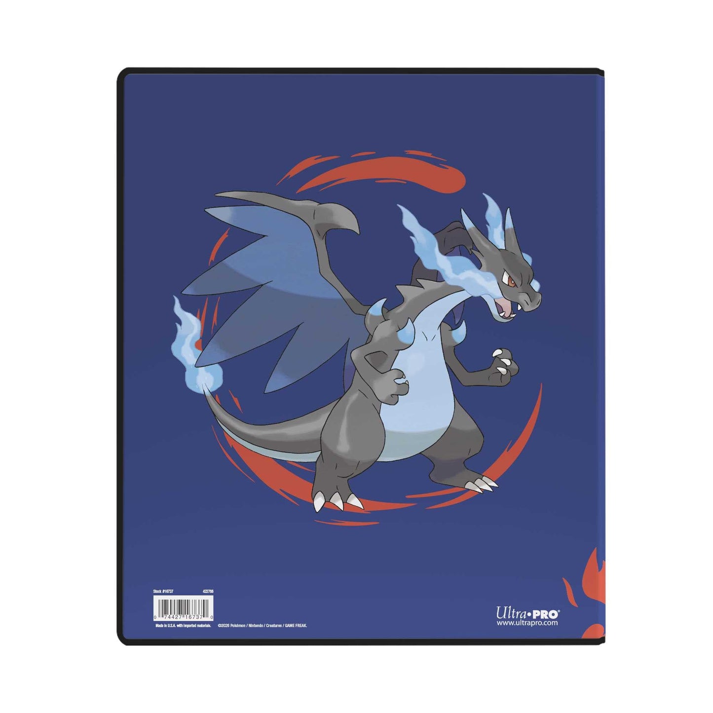 Baksiden av Ultra Pro 2-tommers album med Mega Charizard X på mørkeblå bunnfarge