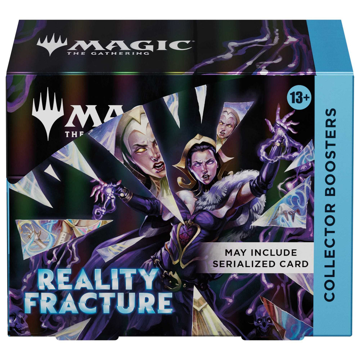 Magic The Gathering Reality Fracture Collector Booster Box, display med knuste krystallskår og teksten May include serialized card