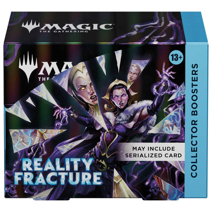 Magic The Gathering Reality Fracture Collector Booster Box, display med knuste krystallskår og teksten May include serialized card
