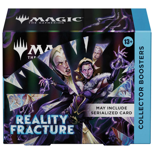 Magic The Gathering Reality Fracture Collector Booster Box, display med knuste krystallskår og teksten May include serialized card