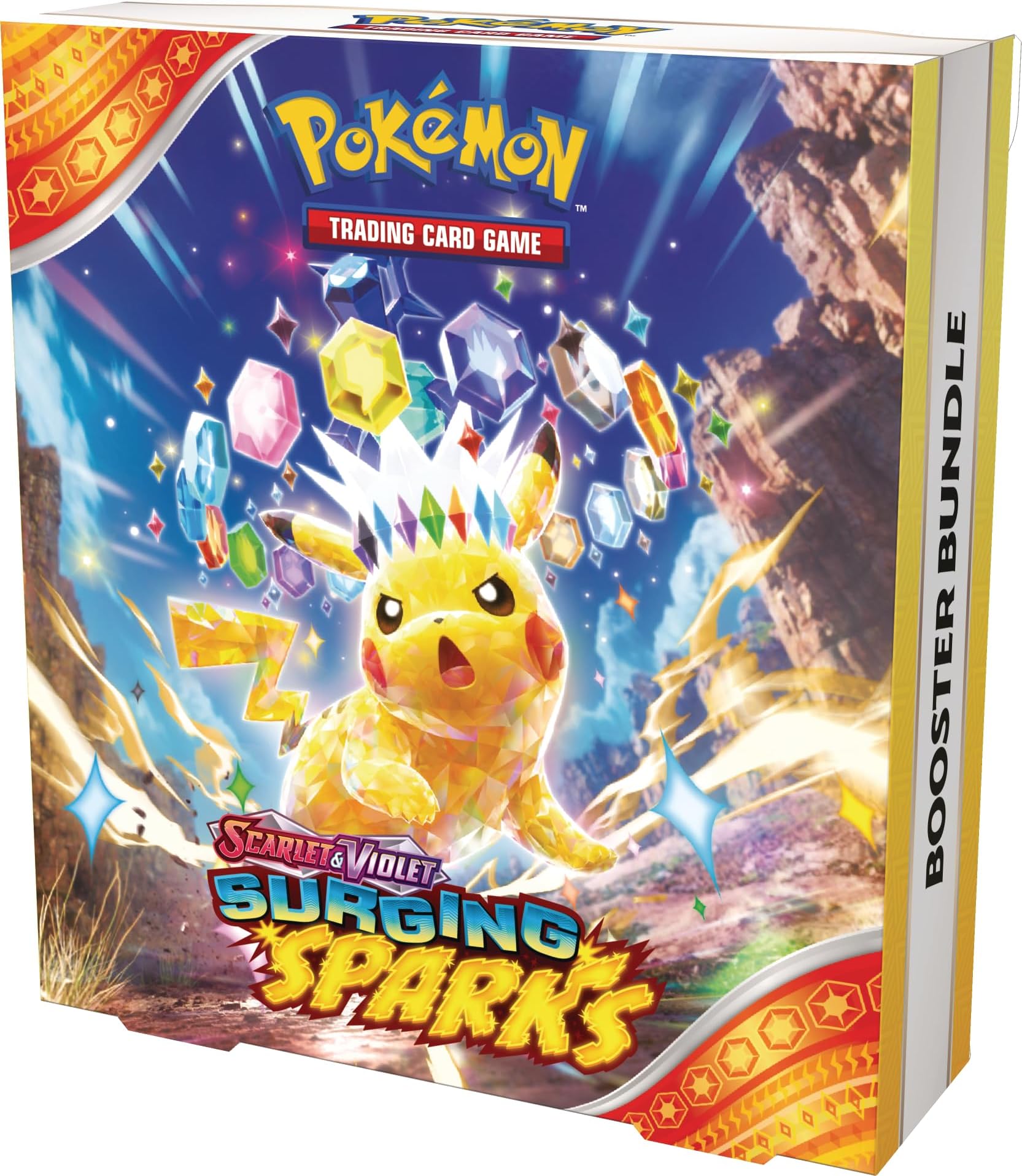 Baksiden av Pokemon Surging Sparks Booster Bundle med Terastal Pikachu og Surging Sparks-logoen.