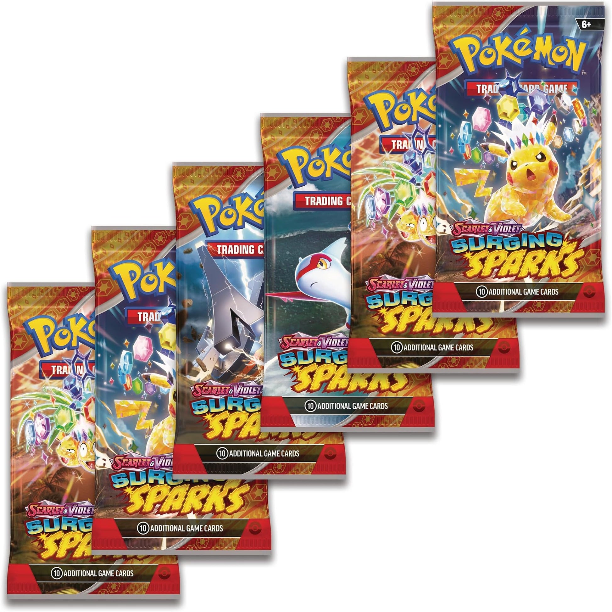 Seks Pokemon Surging Sparks booster pakker fra bundlen, med Pikachu, Latias, Archaludon og Alolan Exeggutor.