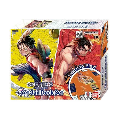 One Piece Set Sail Deck Set SD-01, esken med Luffy i gult og Ace i rødt, merket Learn to Play