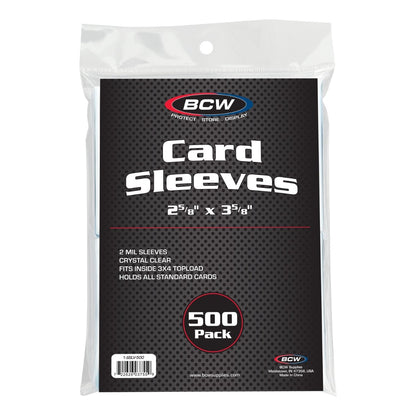BCW Standard Card Sleeves i uåpnet 500-pakning, merket 2 5/8 x 3 5/8 tommer og 2 mil tykkelse