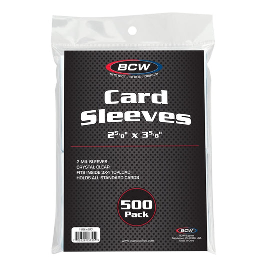 BCW Standard Card Sleeves i uåpnet 500-pakning, merket 2 5/8 x 3 5/8 tommer og 2 mil tykkelse