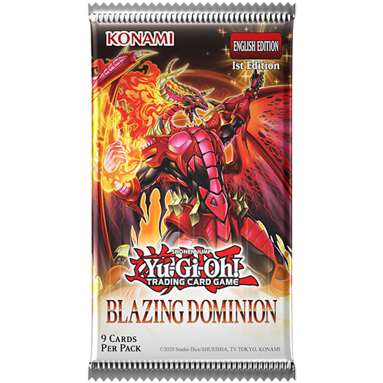 Yu-Gi-Oh! Blazing Dominion booster pakke med 9 kort, The Crimson King i flammer på pakkekunsten