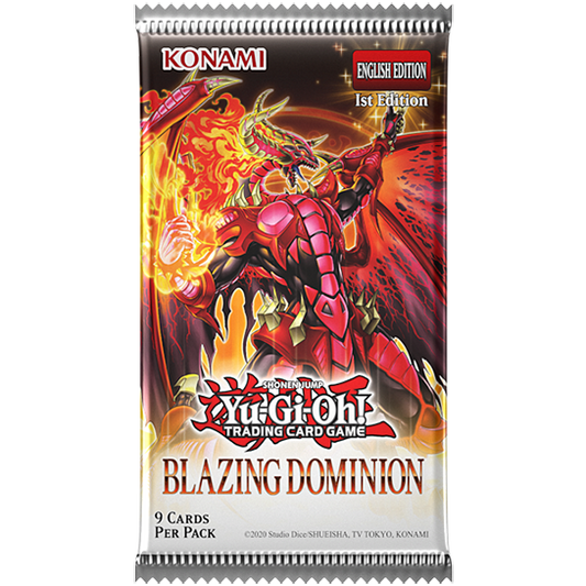Yu-Gi-Oh! Blazing Dominion booster pakke med 9 kort, The Crimson King i flammer på pakkekunsten